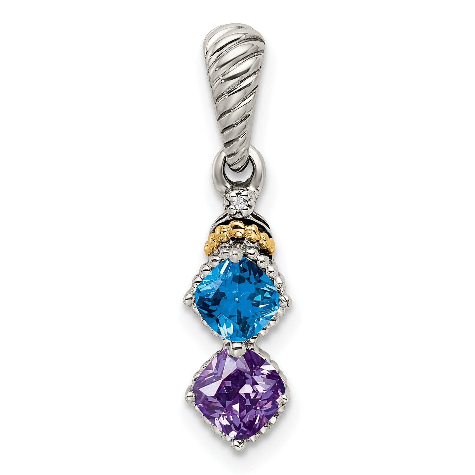 Sterling Silver Antiqued w/14k 2-stone w/Diamond Mother's Pendant