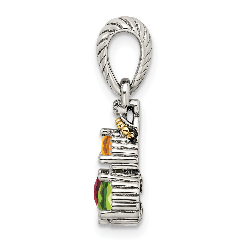 Sterling Silver Antiqued w/14k 3-stone w/Diamond Mother's Pendant
