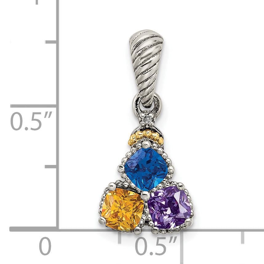 Sterling Silver Antiqued w/14k 3-stone w/Diamond Mother's Pendant
