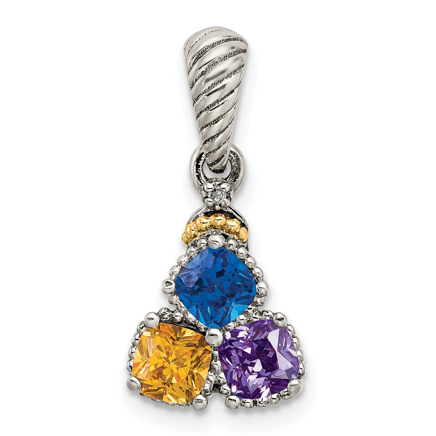 Sterling Silver Antiqued w/14k 3-stone w/Diamond Mother's Pendant Secondary image
