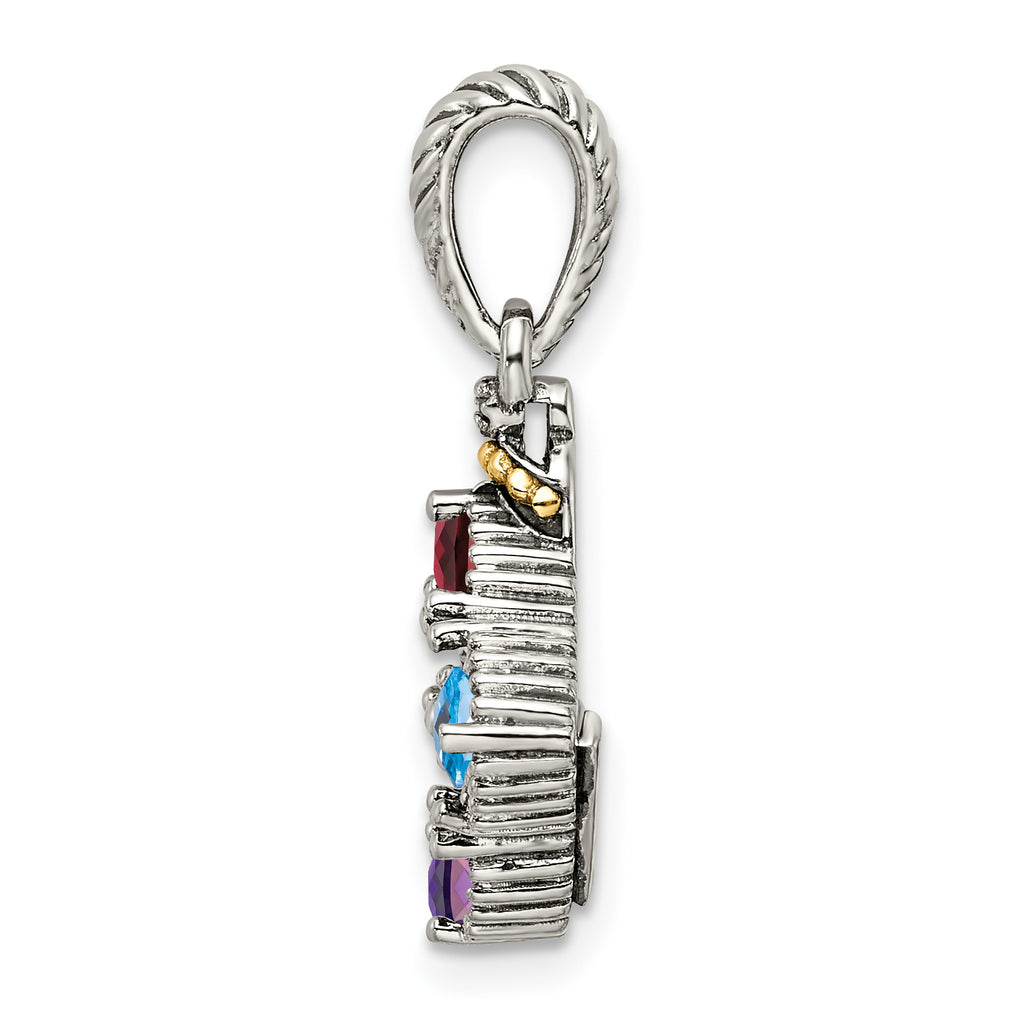Sterling Silver Antiqued w/14k 4-stone w/Diamond Mother's Pendant