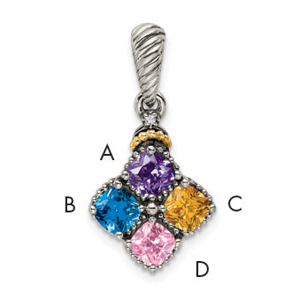 Sterling Silver Antiqued w/14k 4-stone w/Diamond Mother's Pendant