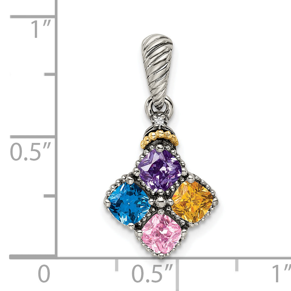 Sterling Silver Antiqued w/14k 4-stone w/Diamond Mother's Pendant