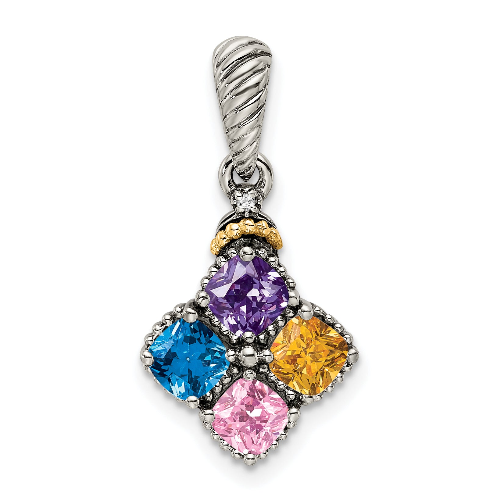 Sterling Silver Antiqued w/14k 4-stone w/Diamond Mother's Pendant