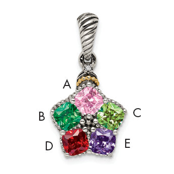 Sterling Silver Antiqued w/14k 5-stone w/Diamond Mother's Pendant