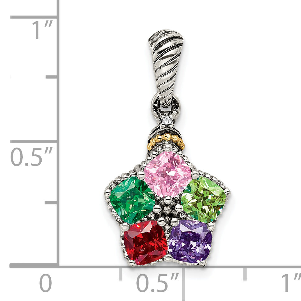 Sterling Silver Antiqued w/14k 5-stone w/Diamond Mother's Pendant