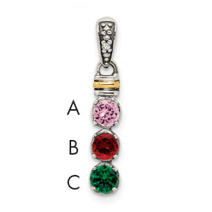 Sterling Silver Antiqued w/14k 3-stone w/Diamond Mother's Pendant