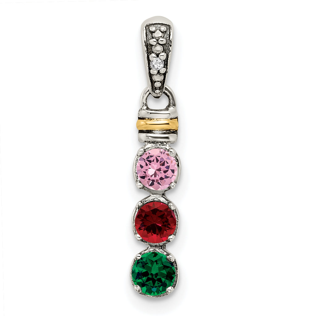 Sterling Silver Antiqued w/14k 3-stone w/Diamond Mother's Pendant