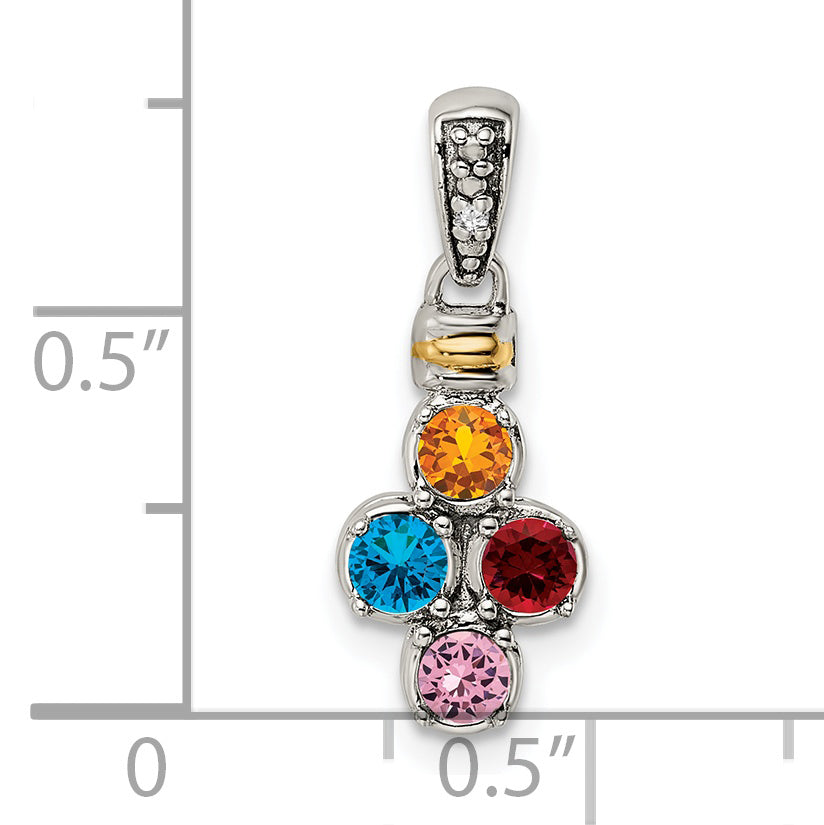 Sterling Silver Antiqued w/14k 4-stone w/Diamond Mother's Pendant