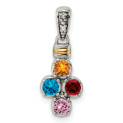 Sterling Silver Antiqued w/14k 4-stone w/Diamond Mother's Pendant