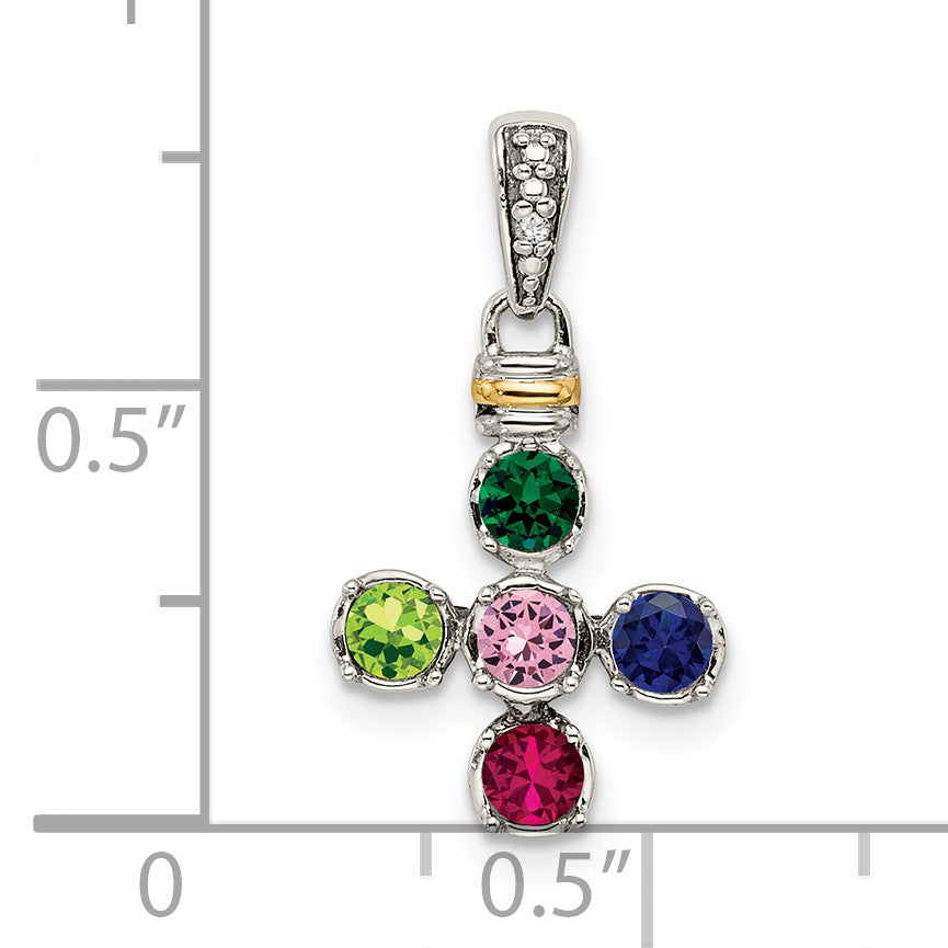 Sterling Silver Antiqued w/14k 5-stone w/Diamond Mother's Pendant