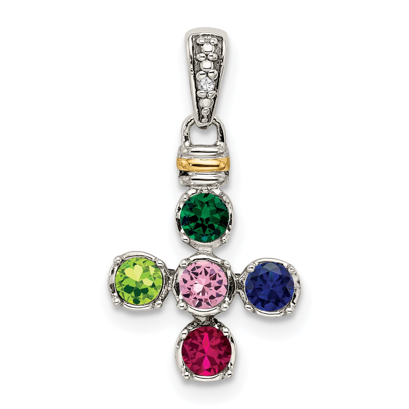 Sterling Silver Antiqued w/14k 5-stone w/Diamond Mother's Pendant