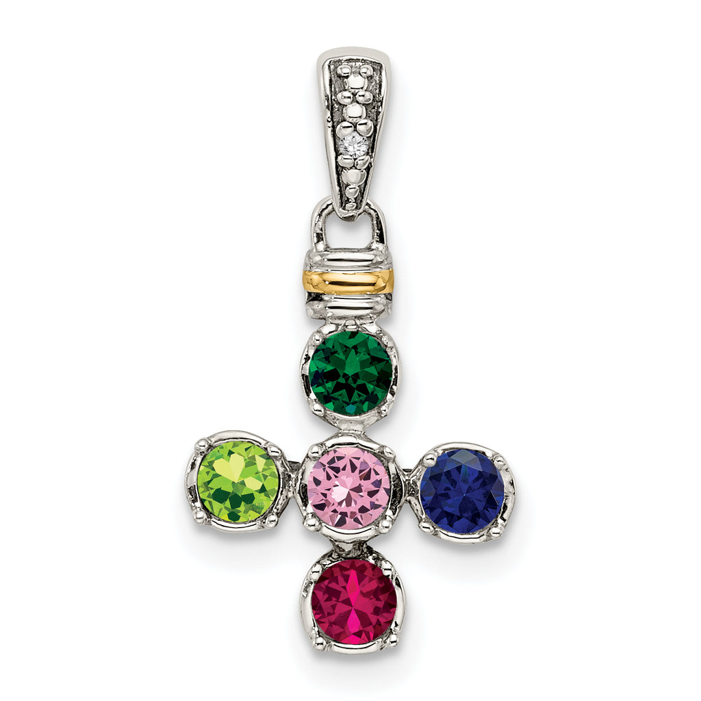 Sterling Silver Antiqued w/14k 5-stone w/Diamond Mother's Pendant