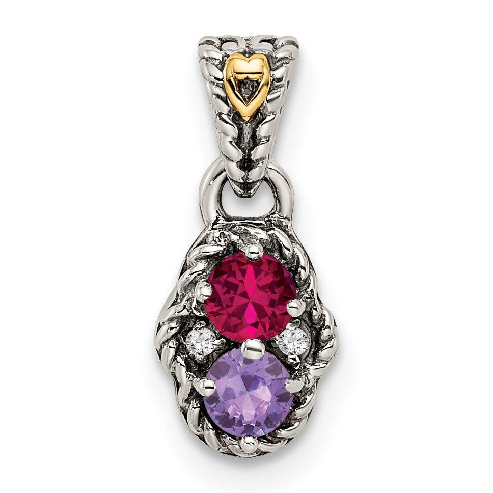 Sterling Silver Antiqued w/14k 2-stone w/Diamond Mother's Pendant