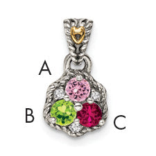 Sterling Silver Antiqued w/14k 3-stone w/Diamond Mother's Pendant Main image