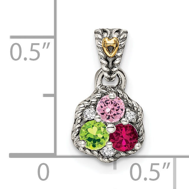 Sterling Silver Antiqued w/14k 3-stone w/Diamond Mother's Pendant