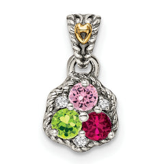 Sterling Silver Antiqued w/14k 3-stone w/Diamond Mother's Pendant