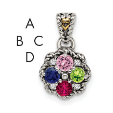 Sterling Silver Antiqued w/14k 4-stone w/Diamond Mother's Pendant Main image