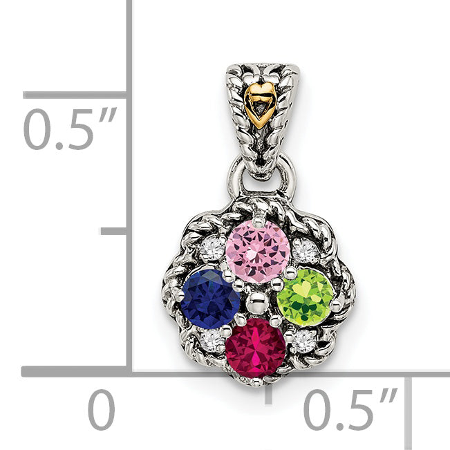 Sterling Silver Antiqued w/14k 4-stone w/Diamond Mother's Pendant