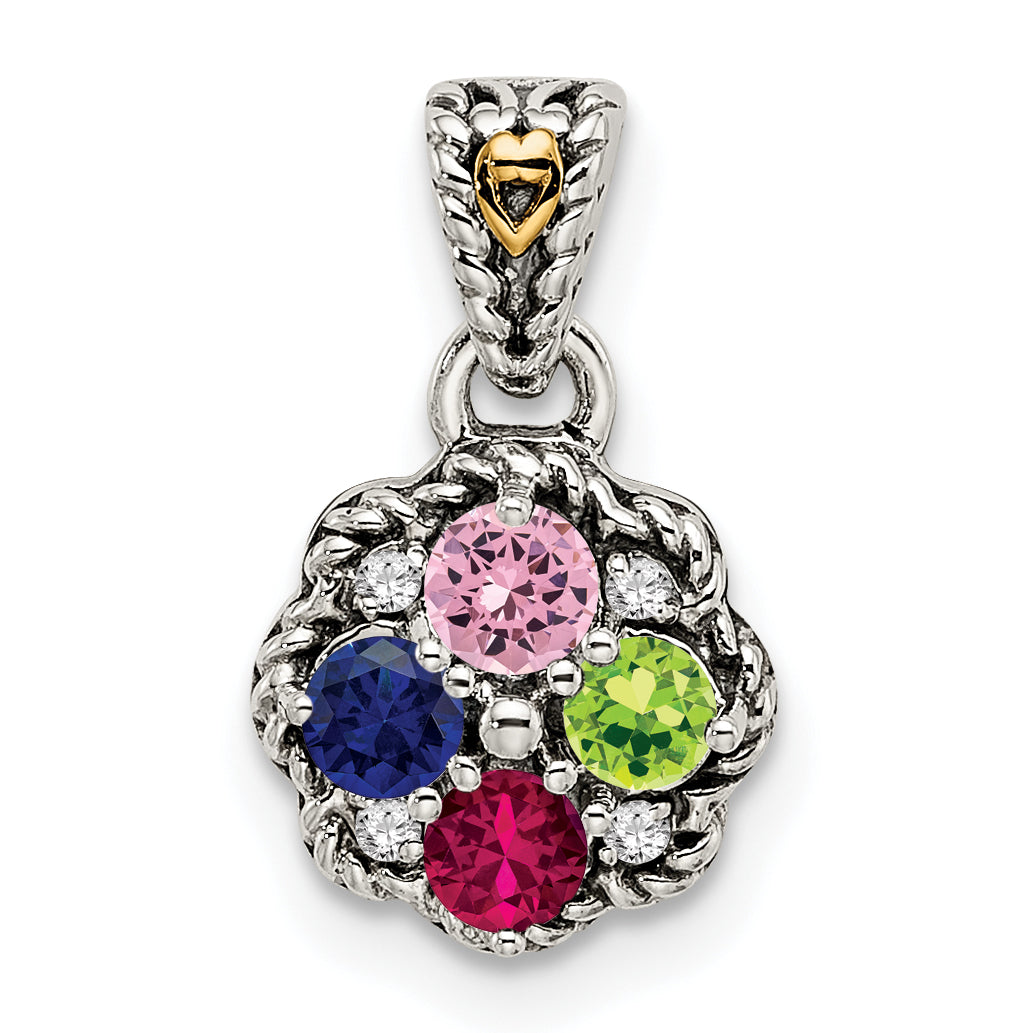 Sterling Silver Antiqued w/14k 4-stone w/Diamond Mother's Pendant