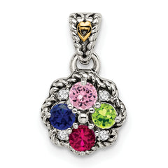 Sterling Silver Antiqued w/14k 4-stone w/Diamond Mother's Pendant