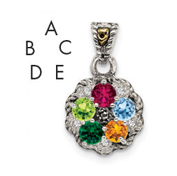Sterling Silver Antiqued w/14k 5-stone w/Diamond Mother's Pendant