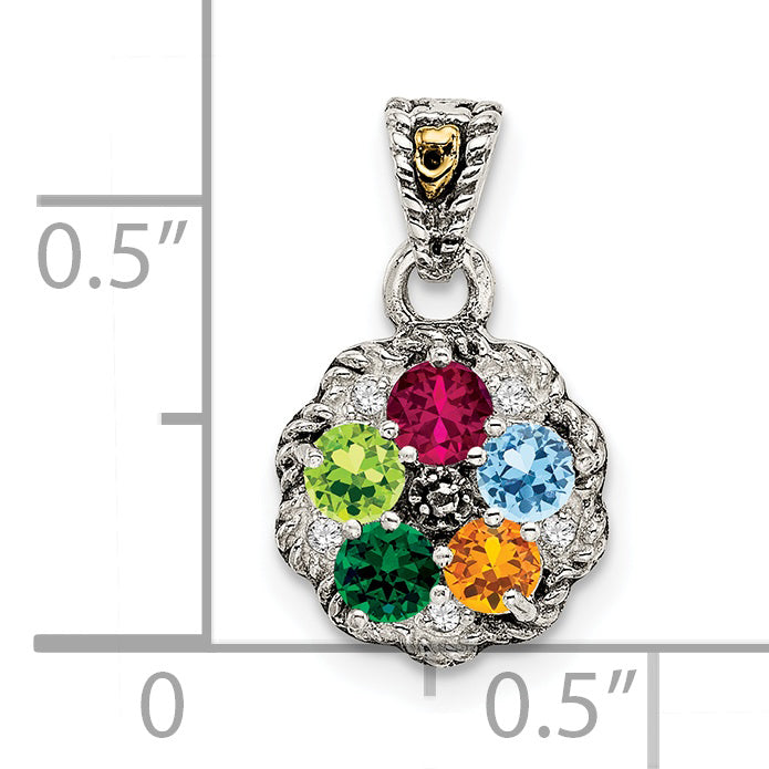 Sterling Silver Antiqued w/14k 5-stone w/Diamond Mother's Pendant