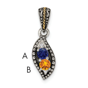 Sterling Silver Antiqued w/14k 2-stone w/Diamond Mothers Pendant Semi-Mount