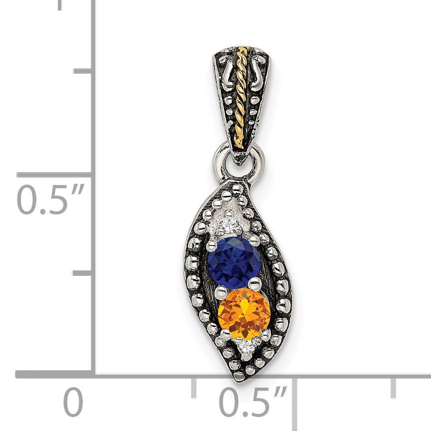 Sterling Silver Antiqued w/14k 2-stone w/Diamond Mother's Pendant