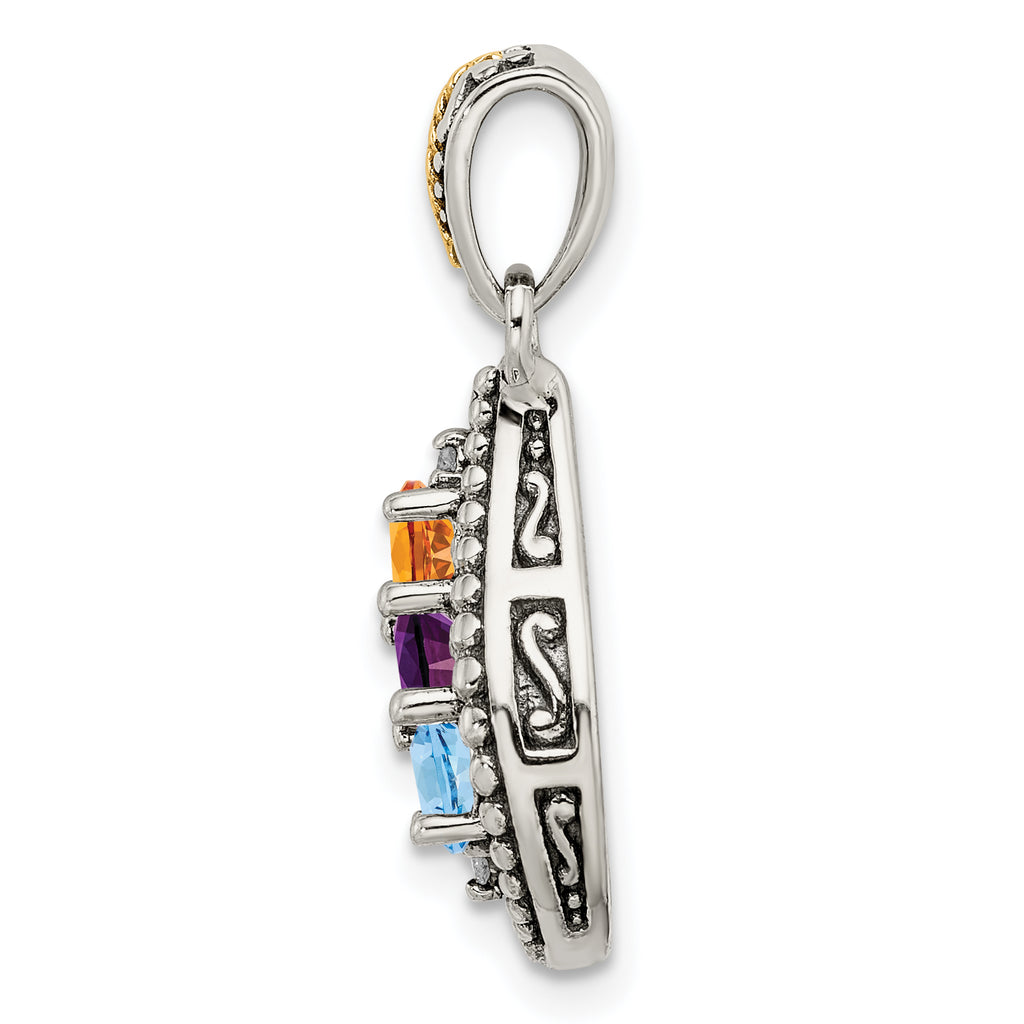 Sterling Silver Antiqued w/14k 3-stone w/Diamond Mother's Pendant
