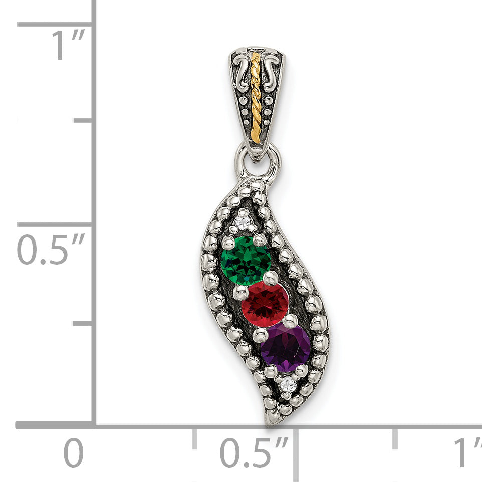 Sterling Silver Antiqued w/14k 3-stone w/Diamond Mother's Pendant
