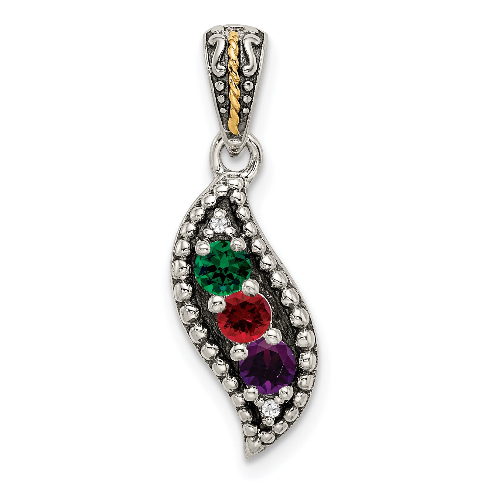 Sterling Silver Antique w/14k 3-stone w/Diamond Family Pendant w/18in Chain
