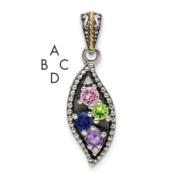 Sterling Silver Antiqued w/14k 4-stone w/Diamond Mother's Pendant