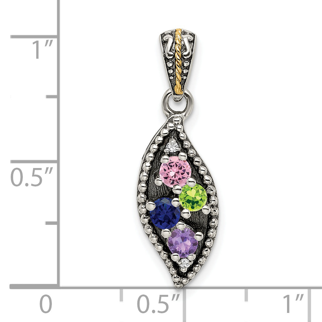Sterling Silver Antiqued w/14k 4-stone w/Diamond Mother's Pendant