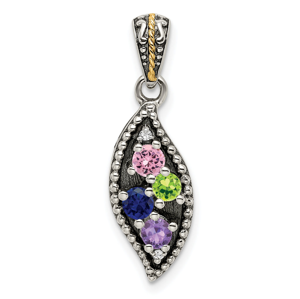 Sterling Silver Antiqued w/14k 4-stone w/Diamond Mother's Pendant