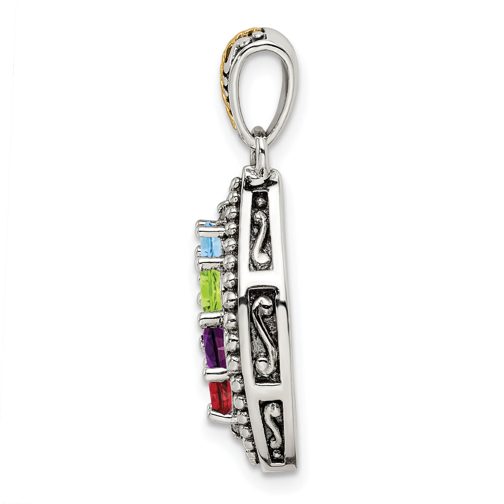 Sterling Silver Antiqued w/14k 5-stone w/Diamond Mother's Pendant