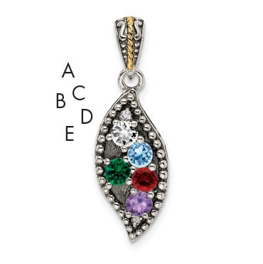 Sterling Silver Antiqued w/14k 5-stone w/Diamond Mother's Pendant