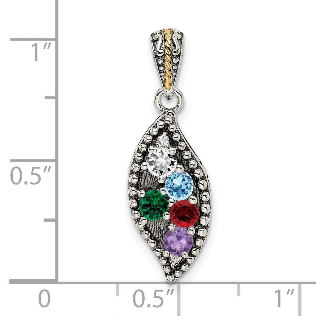 Sterling Silver Antiqued w/14k 5-stone w/Diamond Mother's Pendant
