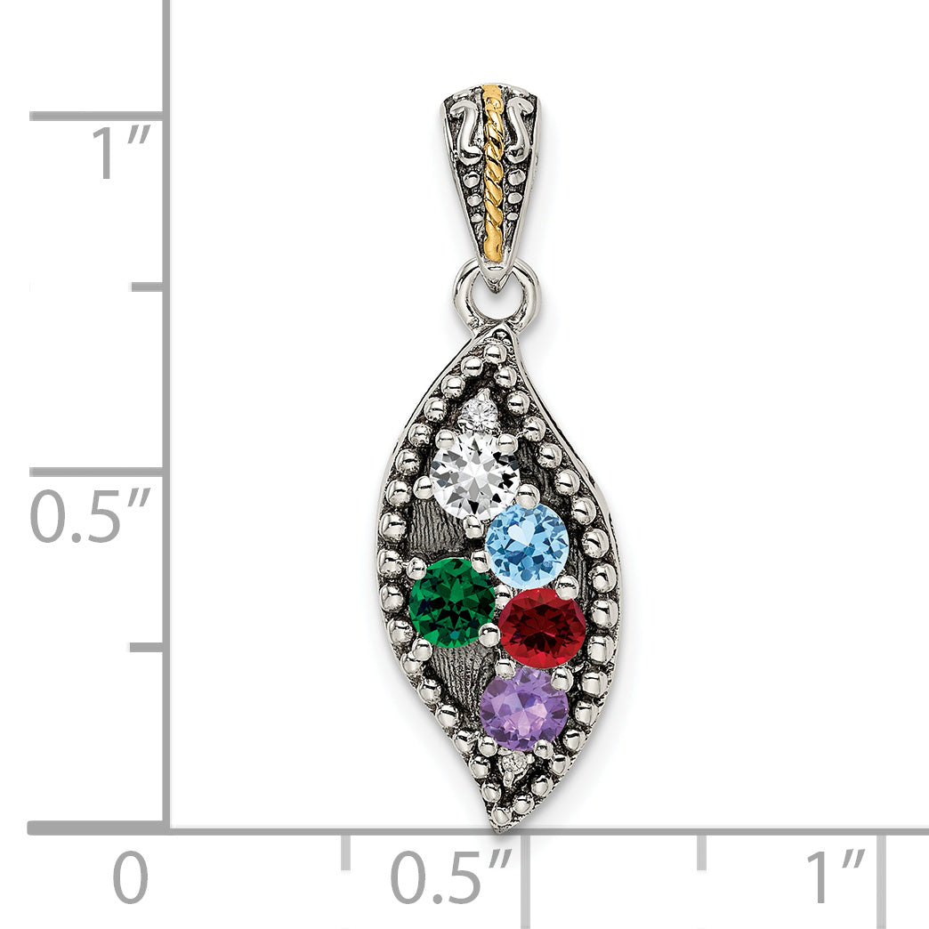 Sterling Silver Antiqued w/14k 5-stone w/Diamond Mother's Pendant