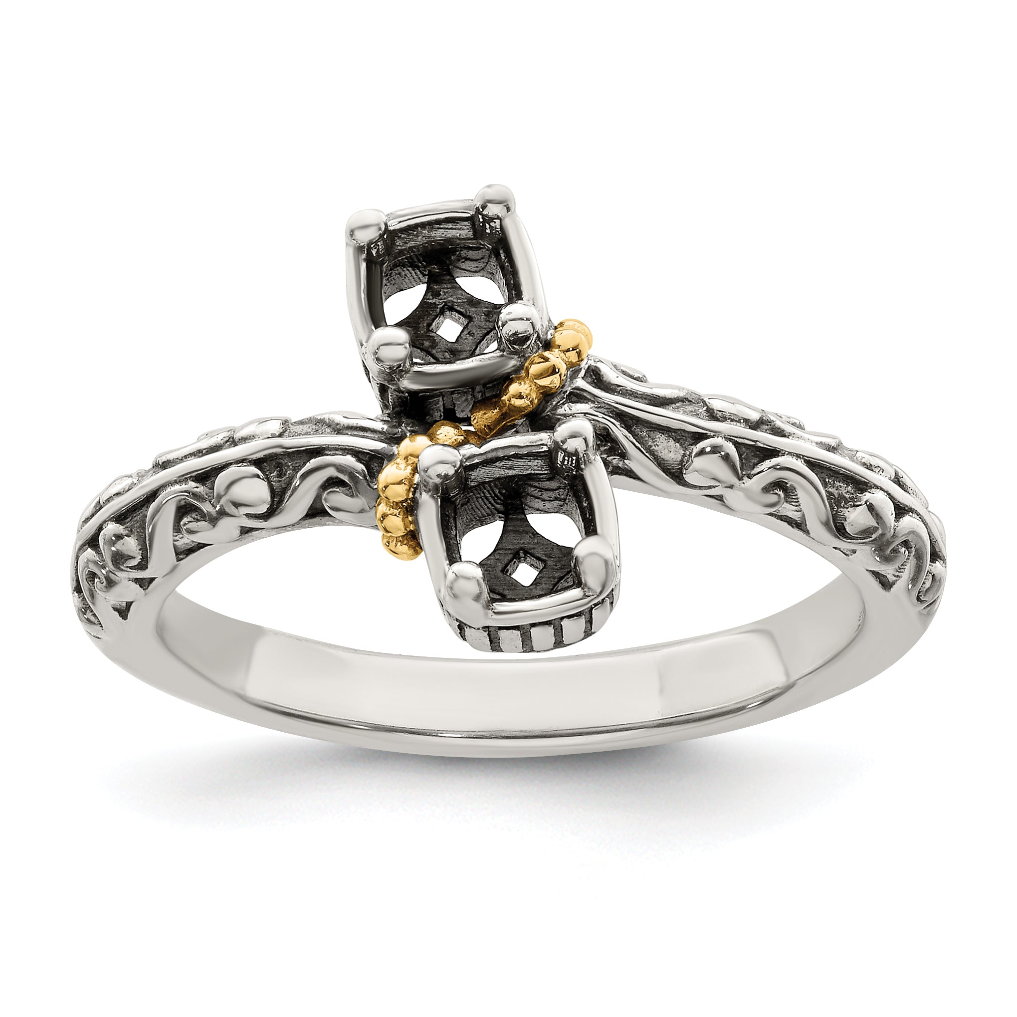 Sterling Silver Antiqued w/14k 2-stone Mother's Ring Mounting (No Stone Included)