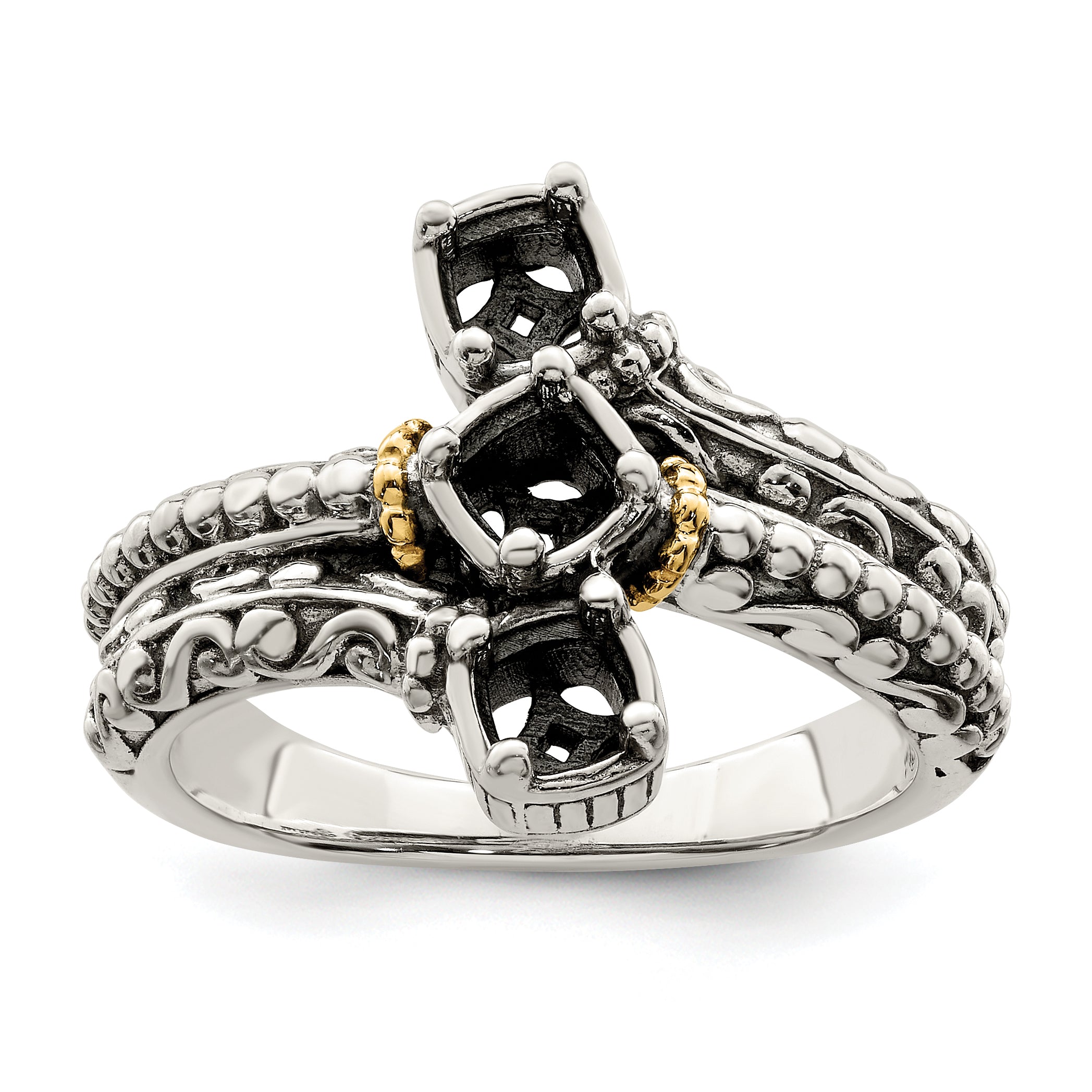 Sterling Silver Antiqued w/14k 3-stone Mother's Ring Mounting (No Stone Included)