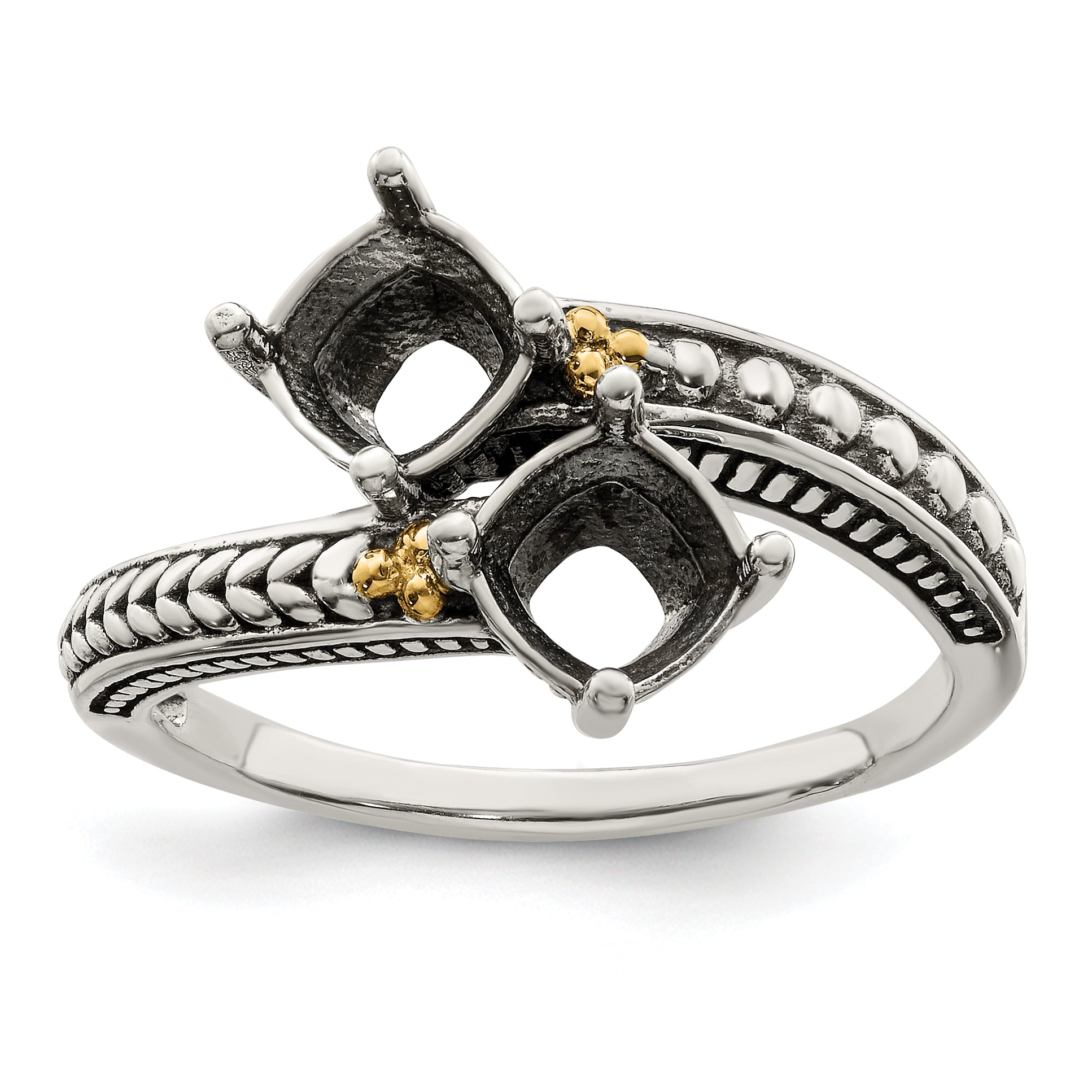 Sterling Silver Antiqued w/14k 2-stone Mother's Ring Mounting (No Stone Included)