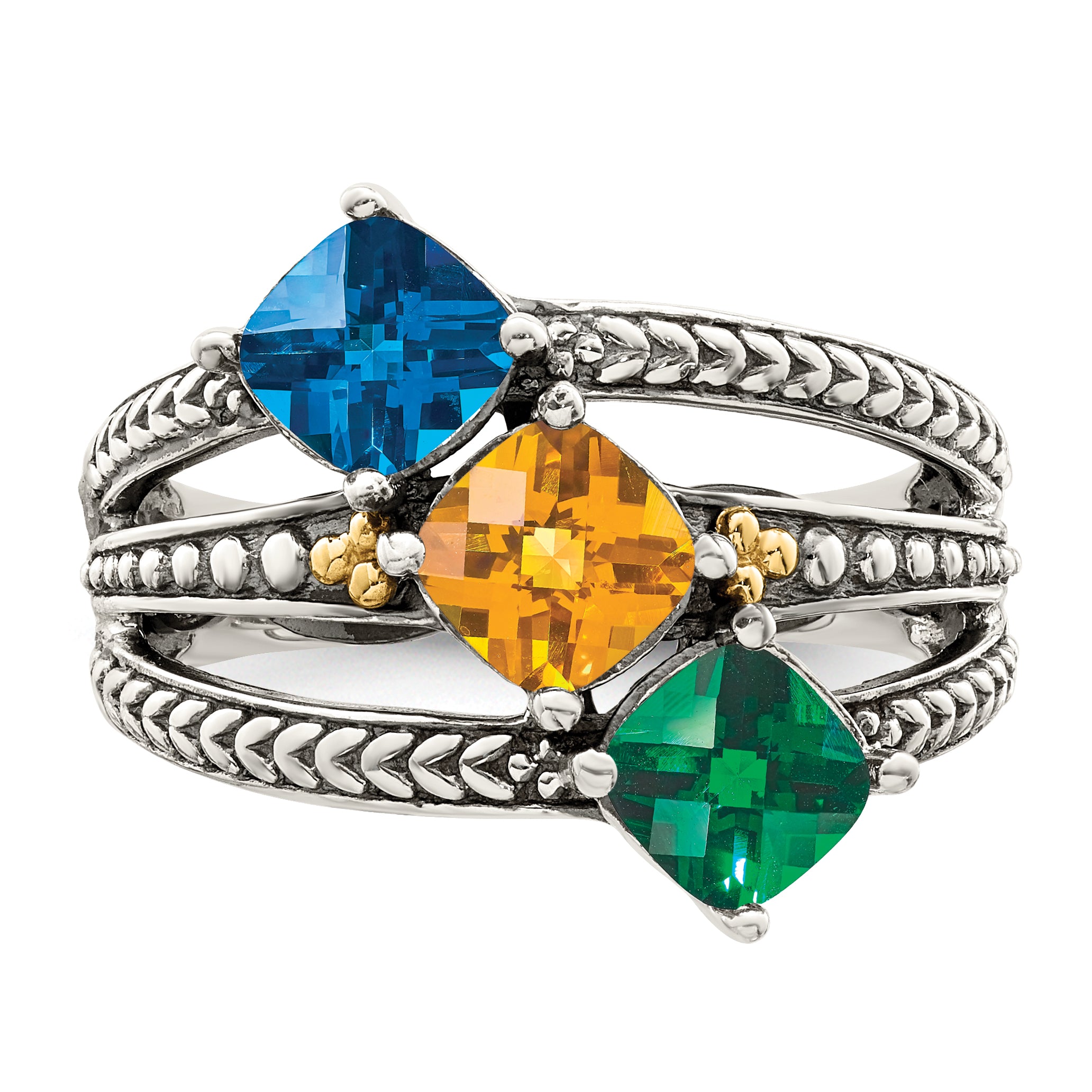 Sterling Silver Antiqued w/14k 3-stone Mother's Ring Mounting (No Stone Included)