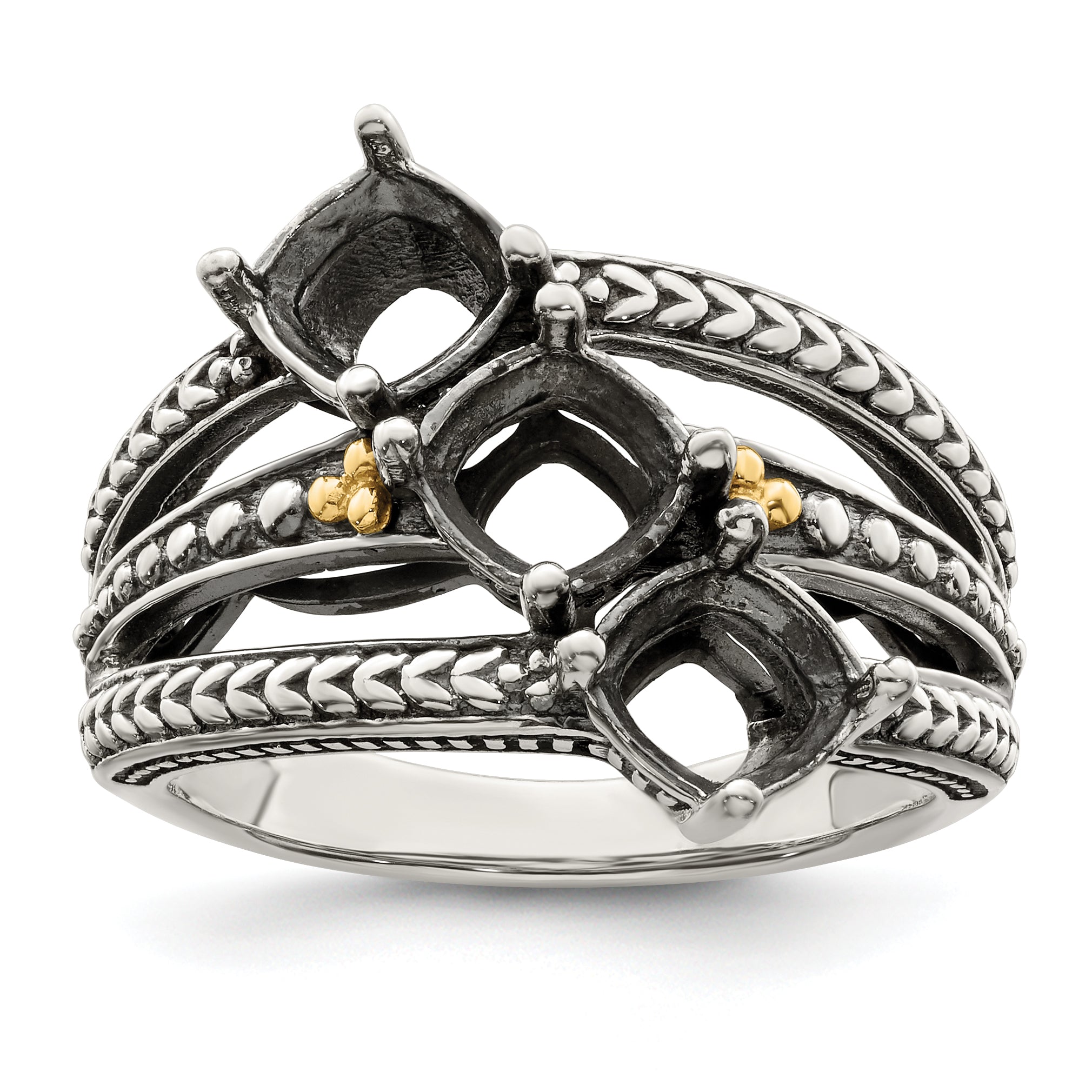 Sterling Silver Antiqued w/14k 3-stone Mother's Ring Mounting (No Stone Included)