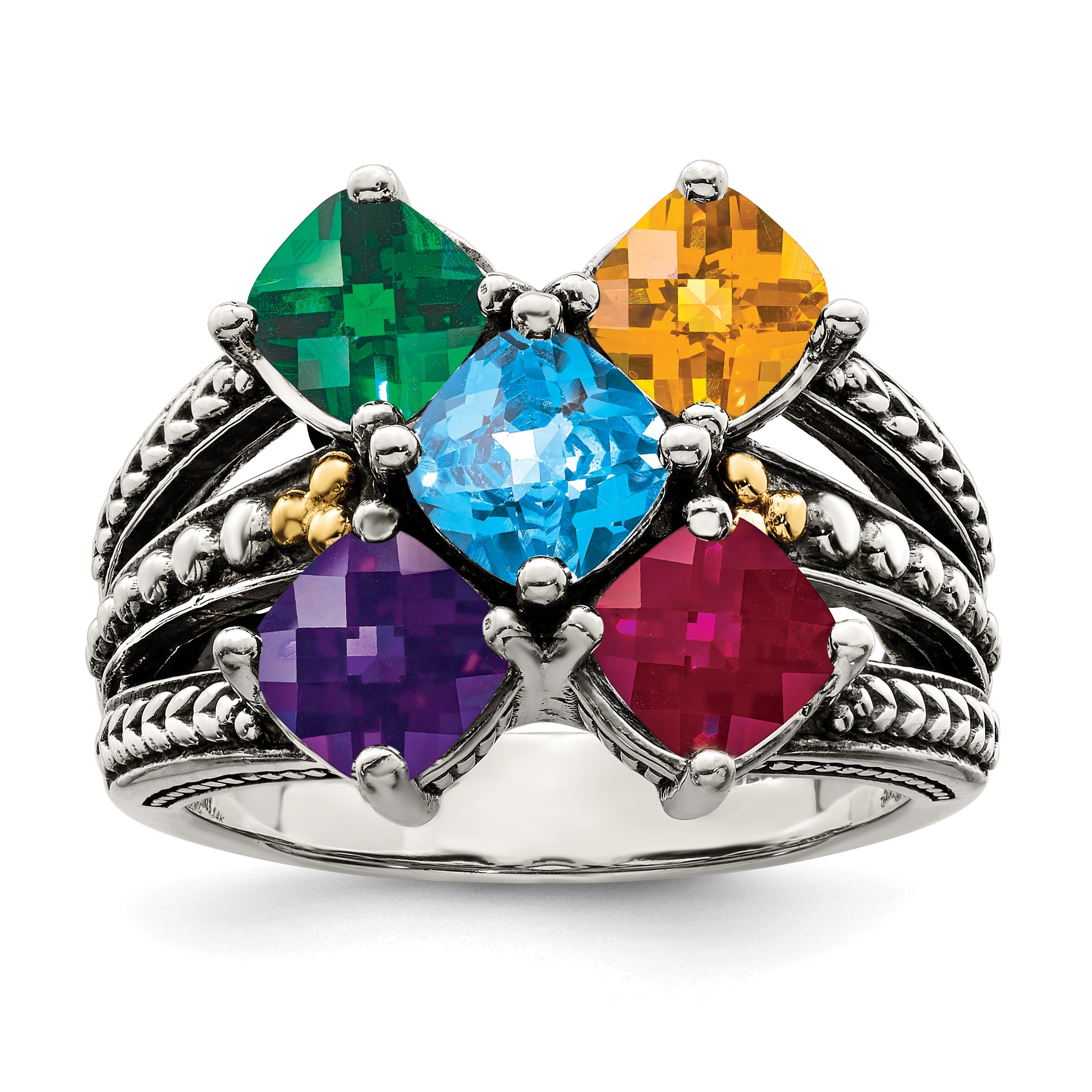 Sterling Silver Antiqued w/14k 5-stone Mother's Ring Mounting (No Stone Included)