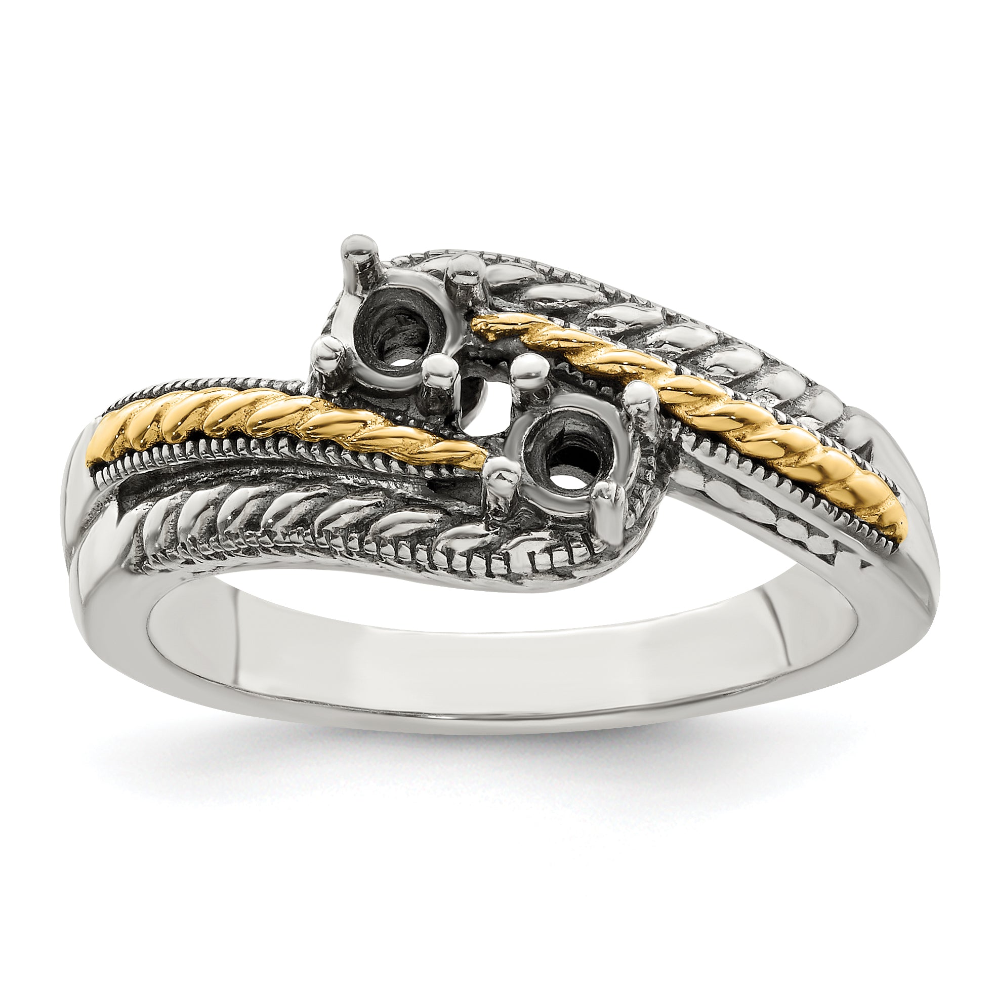 Sterling Silver Antiqued w/14k 2-stone Mother's Ring Mounting (No Stone Included)