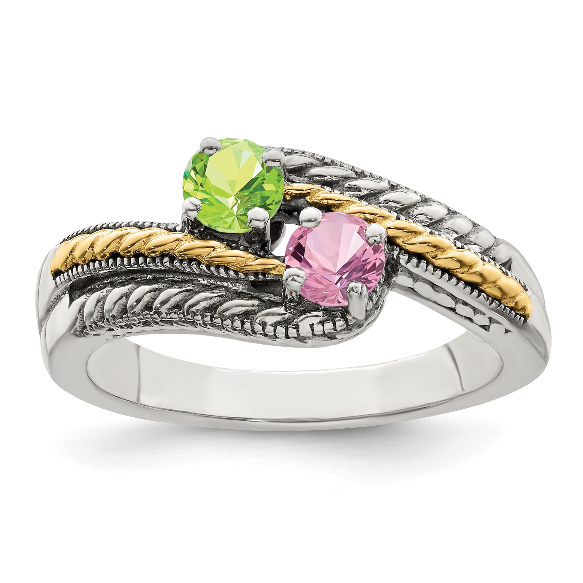 Sterling Silver Antiqued w/14k 2-stone Mother's Ring Mounting (No Stone Included) Secondary image