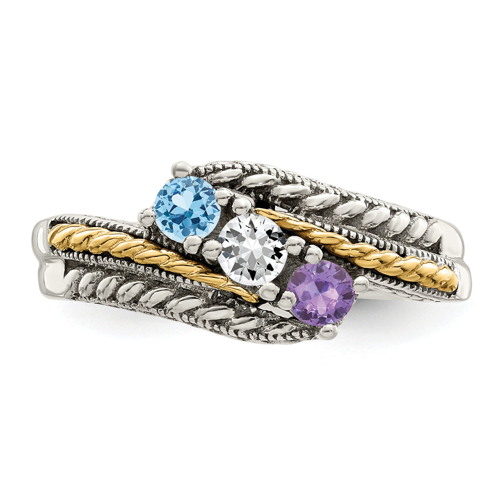 Sterling Silver Antiqued w/14k 3-stone Mother's Ring Mounting (No Stone Included)