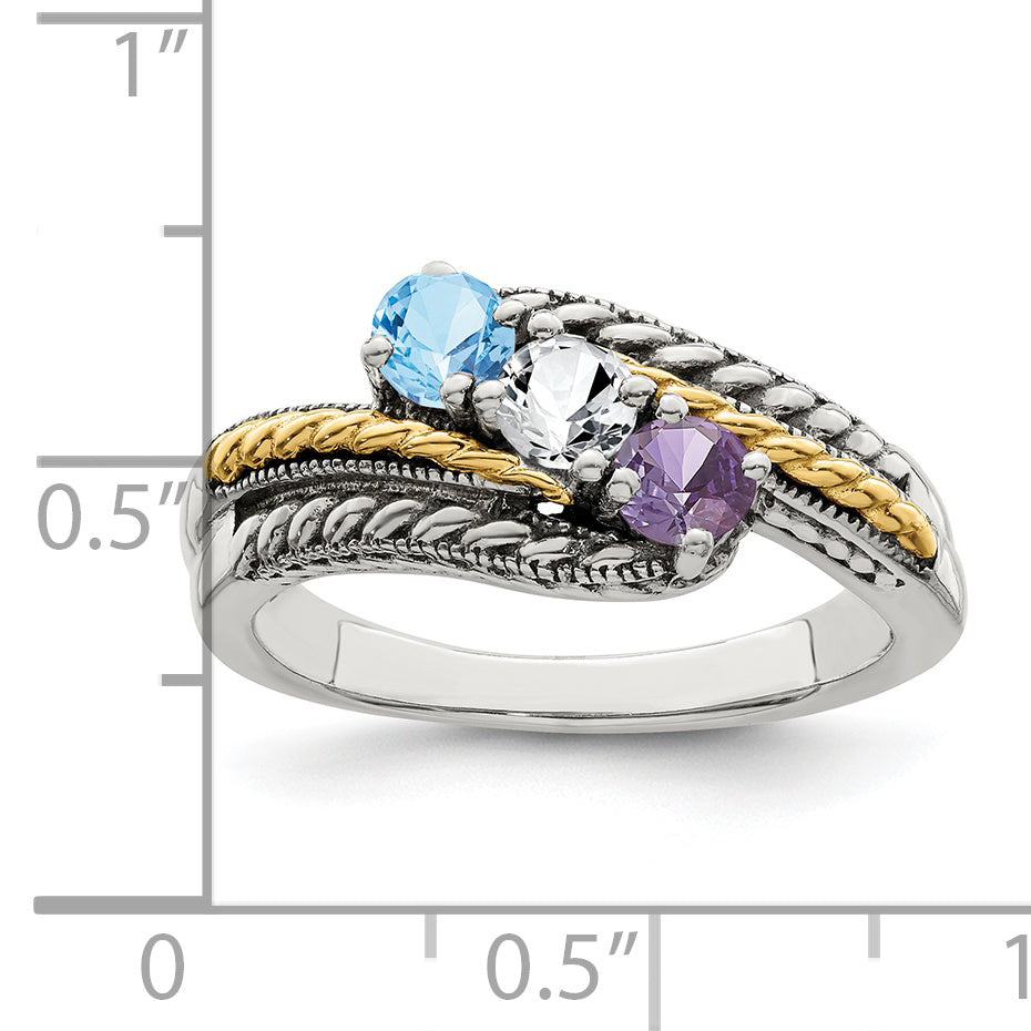 Sterling Silver Antiqued w/14k 3-stone Mother's Ring Mounting (No Stone Included)