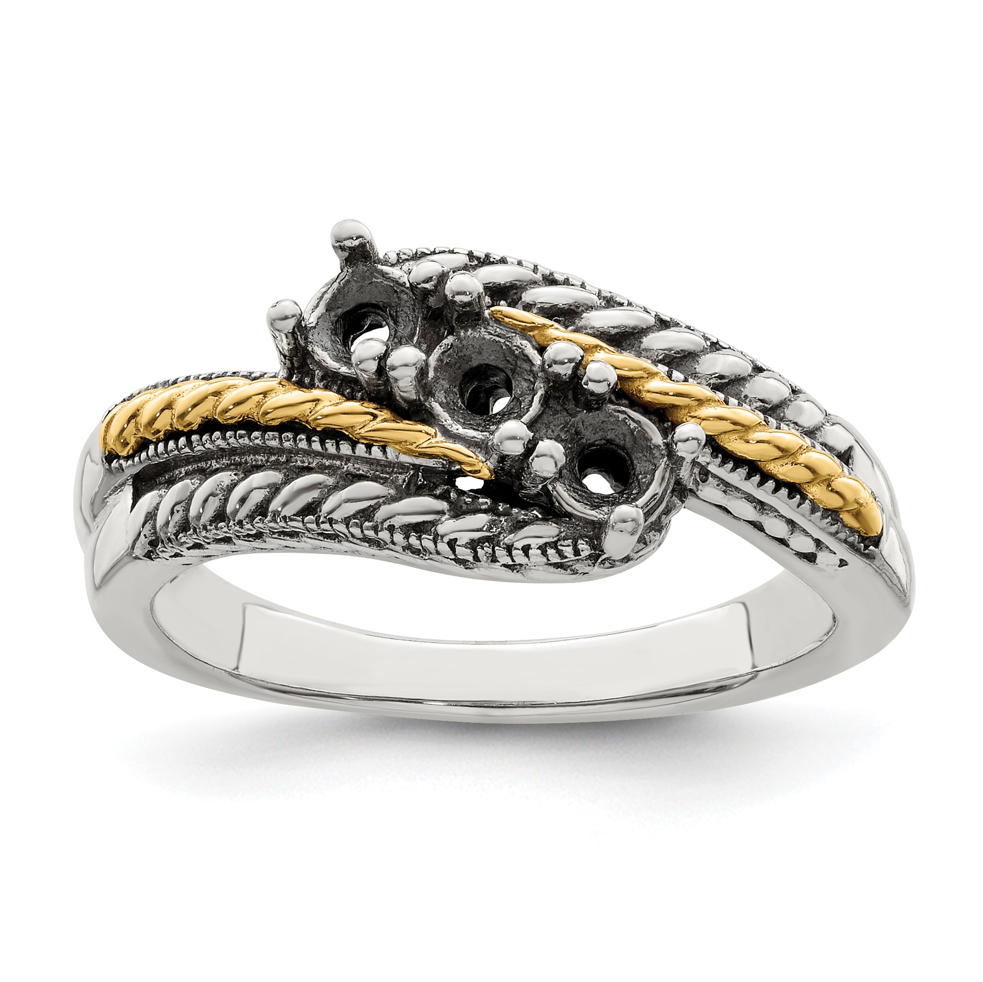 Sterling Silver Antiqued w/14k 3-stone Mother's Ring Mounting (No Stone Included)